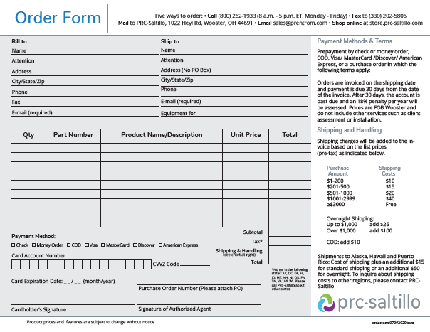 image of order form